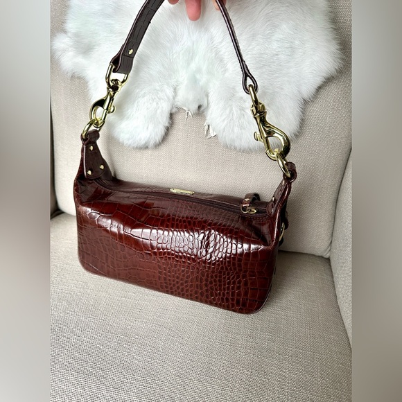 VTG 90s Y2K Ralph Lauren Cognac Crock Embossed Leather Baguette Purse Shoulder - Picture 5 of 16